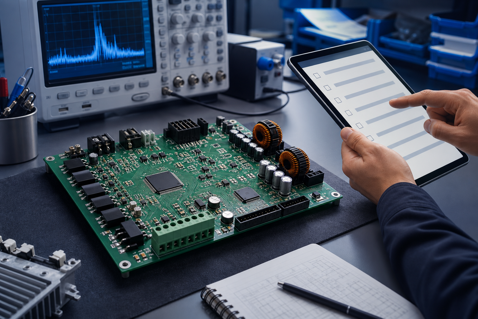 Custom motor control PCBA undergoing EMC compliance review for North American products