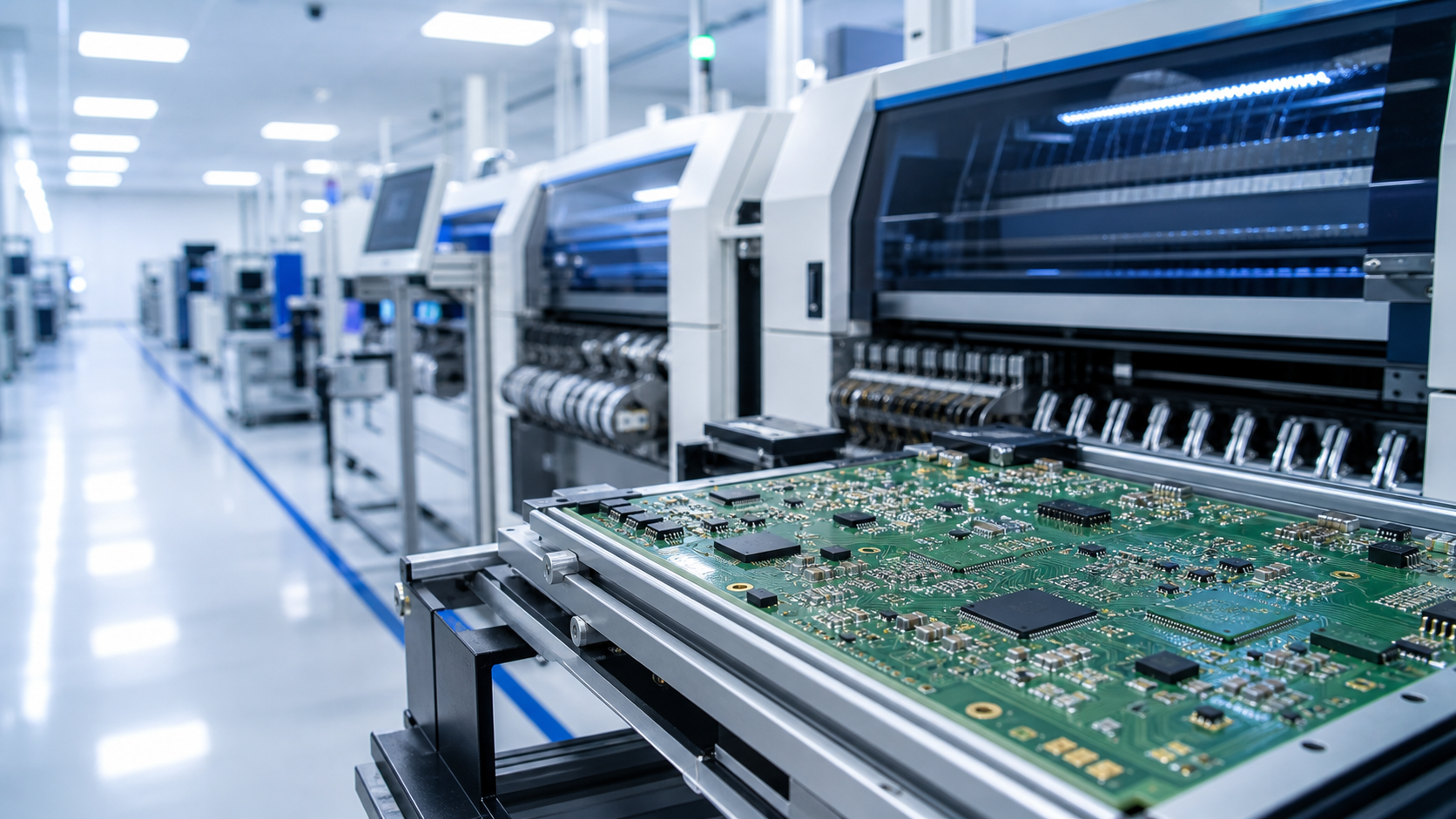 Automated SMT production line manufacturing printed circuit board assemblies